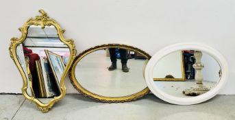 GROUP OF THREE MIRRORS TO INCLUDE OVAL AND GILT FRAMED EXAMPLES, WIDEST 78CM.