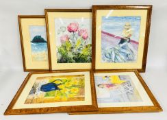 A GROUP OF 5 FRAMED ORIGINAL ACRYLICS DEPICTING STILL LIFE AND PORTRAIT EXAMPLES BEARING SIGNATURE