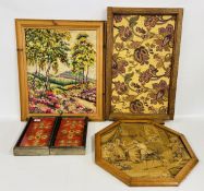 THREE FRAMED EMBROIDERY / NEEDLEWORK PANELS, VARIOUS SIZES + A PAIR OF GLAZED NEEDLEWORK DISPLAYS,