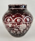 AN IMPRESSIVE BOHEMIAN RUBY RED CUT GLASS VASE, H 25CM.