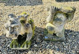 A VINTAGE STONEWORK GARGOYLE, H 50CM AND VINTAGE STONEWORK TROLL HOLDING BOOK.