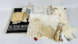 A BOX OF ASSORTED VINTAGE LINEN AND LACE EXAMPLES TO INCLUDE HAND EMBROIDERED AND PRINTED