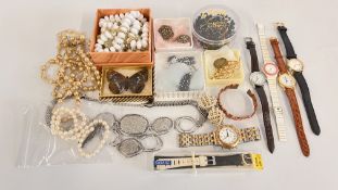 A GROUP OF ASSORTED COSTUME JEWELLERY, BEADED AND DRESS NECKLACES, WOVEN BANGLE,