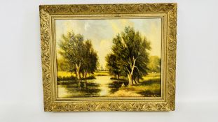 A FRAMED OIL ON CANVAS DEPICTING RIVER WENSUM NORWICH SIGNED ROBERT MALLETT.