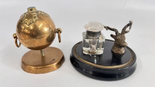 AN ANTIQUE BRASS INKWELL INSET WITH A MALACHITE PANEL MARKED I. REED & CO. CAMBRIDGE + ONE OTHER.