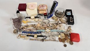 A BOX OF ASSORTED COSTUME JEWELLERY AND WATCHES TO INCLUDE DESIGNER BRANDED EXAMPLES,