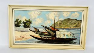 A MID - 20TH CENTURY SOUTH EAST ASIAN SIGNED OIL ON CANVAS, 35