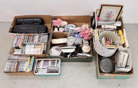 9 X BOXES OF ASSORTED HOUSEHOLD SUNDRIES TO INCLUDE CHINA AND GLASS WARE, BOOKS, CD'S AND CASSETTES,