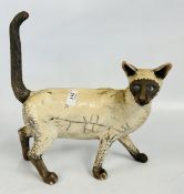 A RAKU CRACKLE GLAZED POTTERY SCULPTURE OF A SIAMESE CAT BEARING MAKER'S MARK DILLON RUDGE (DAMAGE