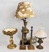 A PAIR OF VINTAGE REEDED COLUMN COPPER FILLED LAMP BASES, BRASS OIL LAMP WITH A WHITE GLASS SHADE,