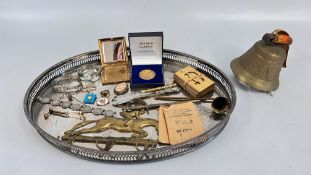 A TRAY OF MIXED METALWARE PLUS SOME JEWELLERY, COIN BRACELET, CAMEO BROOCH ETC.