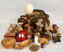 A BOX OF TREEN TO INCLUDE TURNED VASES AND POTS, PERSIAN STYLE TRAYS,