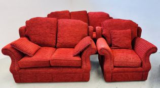 GOOD QUALITY MODERN RED CORDED UPHOLSTERED 4 PIECE SUITE COMPRISING OF 3 SEAT SOFA, 2 SEAT SOFA,