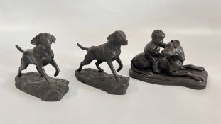 A GROUP OF 3 HEREDITIES BRONZED DOG SCULPTURES.