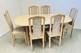 A LIMED FINISH EXTENDING DINING TABLE AND SET OF 6 MATCHING CHAIRS (L 173 EXTENDED),