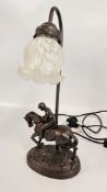 A HORSE JOCKEY TABLE LAMP AND GLASS SHADE, H 44CM.