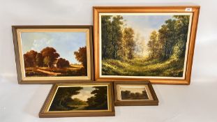 GROUP OF 4 FRAMED OIL ON BOARDS DEPICTING COUNTRYSIDE SCENES, THE LARGEST 52 X 67CM INCLUDING FRAME.