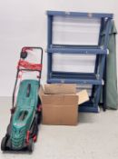 A BOSCH ROTAK 34R ELECTRIC LAWNMOWER ALONG WITH GARDEN HAND TOOLS,