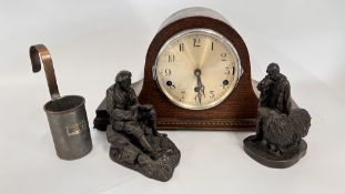 A VINTAGE OAK MANTEL CLOCK + TWO BRONZED FARMING SCULPTURES AND A VINTAGE ½ PINT MEASURE.