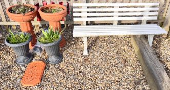 A PAIR OF TERRACOTTA EFFECT PILLAR PLANTERS AND PAIR OF CAST METAL EFFECT PLANTERS + TERRACOTTA
