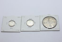 THREE SILVER COINS TO INCLUDE A 1887 BRITISH DOUBLE FLORIN, SIX PENCE AND AN 1897 THREEPENCE.