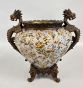 ANTIQUE ORIENTAL PORCELAIN AND BRASS MOUNTED URN, H 31 X W 33CM.