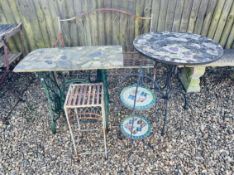 METAL CRAFT GARDEN BENCH AND MATCHING STAND, SINGER SEWING MACHINE CAST BASE,