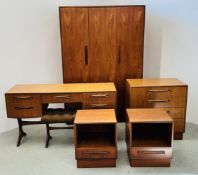 A TEAK DOUBLE DOOR WARDROBE, NATHAN STYLE ALONG WITH ENSUITE KNEEHOLE DRESSING TABLE AND STOOL,
