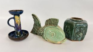 A VINTAGE HEXAGONAL CHINESE STYLE GREEN GLAZED GINGER JAR AND A GLAZED STUDIO POTTERY CHAMBER STICK