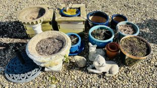 A GROUP OF ASSORTED STONEWORK, GLAZED PLANTERS, BIRD BATH.