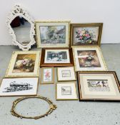 GROUP OF 10 FRAMED PRINTS DEPICTING COUNTRYSIDE AND FLOWER SCENES PLUS A WHITE FINISH ORNATE MIRROR.