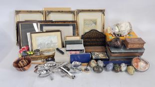 A GROUP OF COLLECTIBLES TO INCLUDE TRINKET / PILL BOXES, DECORATIVE EGGS, SWISS ARMY MULTI TOOL,
