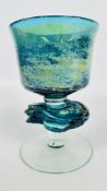 A STUDIO GLASS GOBLET WITH GREEN MARBLED TULIP SHAPED BOWL AND ABSTRACT STEM,