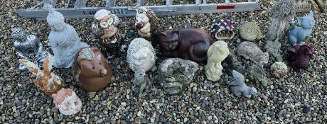 A LARGE GROUP OF GARDEN FEATURE ORNAMENTS TO INCLUDE - HEDGEHOG, CATS, SQUIRREL, WIZARD, DRAGON,