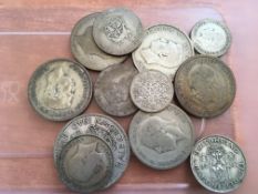 COINS: PRE 1947 SILVER, MAINLY KG5, FACE 87p, ALSO NATIONAL SAVINGS ENAMEL BADGE.