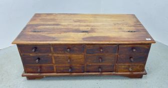 AN EASTERN HARD WOOD 12 DRAWER HINGED TOP COFFEE TABLE, W 120CM X D 66CM X H 44CM.
