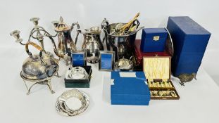 TWO BOXES OF ASSORTED PLATED WARES TO INCLUDE SPIRIT KETTLE AND BURNER, CHAMPAGNE BUCKET,