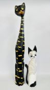 TWO PAINTED WOODEN CAT SCULPTURES, H 96 & H 50CM.