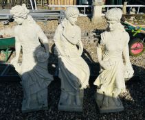 3 X STONE EFFECT PLASTIC GARDEN FIGURES A/F CONDITION, HEIGHT 115CM.