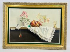 DEBORAH JONES (BRITISH 1912 - 2012): GILT FRAMED OIL ON CANVAS DEPICTING A STILL LIFE SCENE OF