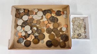 BOX OF MAINLY UK COINAGE INCLUDING 50 PRE-1920 SILVER 3d COINS.