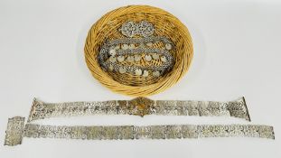 A BASKET CONTAINING TWO VINTAGE STYLE SILVER PLATED BELTS + A FURTHER TWO PIECE OPEN WORK BUCKLE +