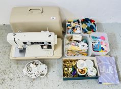GROUP OF SEWING EQUIPMENT AND ACCESSORIES TO INCLUDE NEWHOME 632 SEWING MACHINE, THREAD, WOOL, ETC.