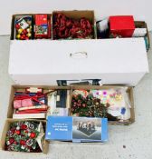 GROUP OF ASSORTED CHRISTMAS DECORATIONS TO INCLUDE BOXED CHRISTMAS TREE, CANDLES, BALL ORNAMENTS,