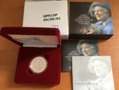 COINS: UK 2002 QUEEN MOTHER SILVER PROOF MEMORIAL CROWN IN CASE AND BOX WITH CERTIFICATE.