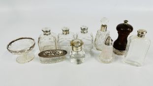 A GROUP OF VINTAGE GLASS SCENT BOTTLES AND DRESSING TABLE JARS TO INCLUDE SILVER AND WHITE METAL