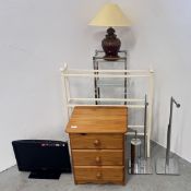 A GROUP OF HOME FURNISHINGS TO INCLUDE PINE 3 DRAWER CHEST, CHROME FINISH BATHROOM ACCESSORIES,