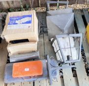 A PAIR OF LARGE CAST ALUMINIUM EXTERIOR WALL LANTERNS, 2 X WALL VENTILATION KITS, PART ROLL LEAD,