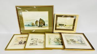 A GROUP OF 6 FRAMED AND MOUNTED WATERCOLOURS DEPICTING VARIOUS ORIENTAL STREET AND RIVER SCENES,