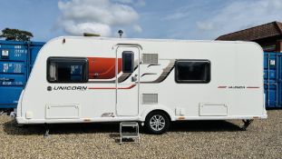 2016 BAILEY UNICORN VALENCIA FOUR BERTH SINGLE AXLE TOURING CARAVAN, FIXED END BED.